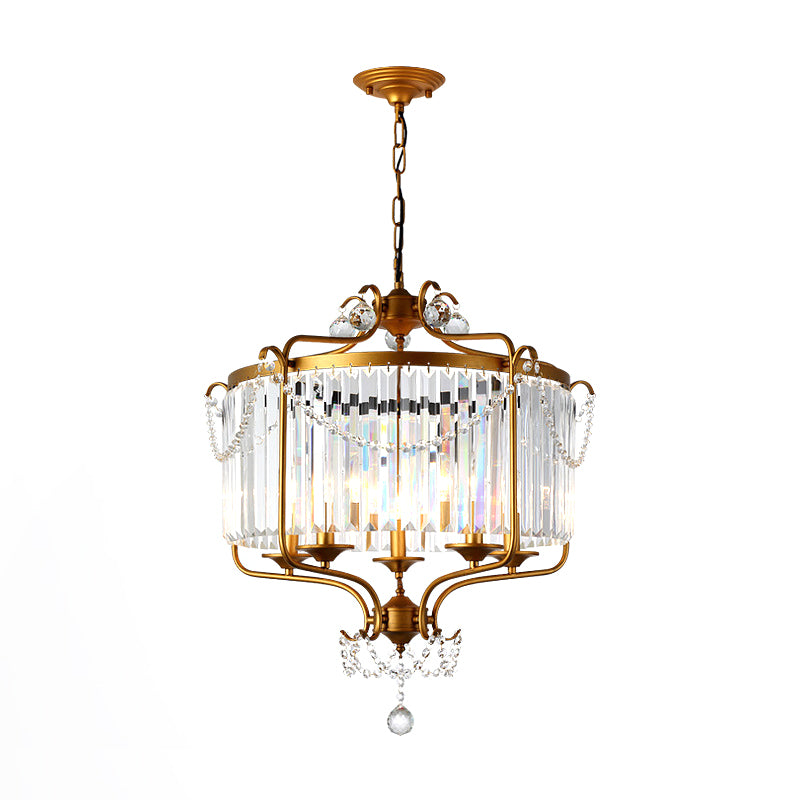 Drum Prismatic Crystal Chandelier Light Antique Black/Gold Hanging Ceiling Light for Dining Room Clearhalo 'Ceiling Lights' 'Chandeliers' 'Modern Chandeliers' 'Modern' Lighting' 214841