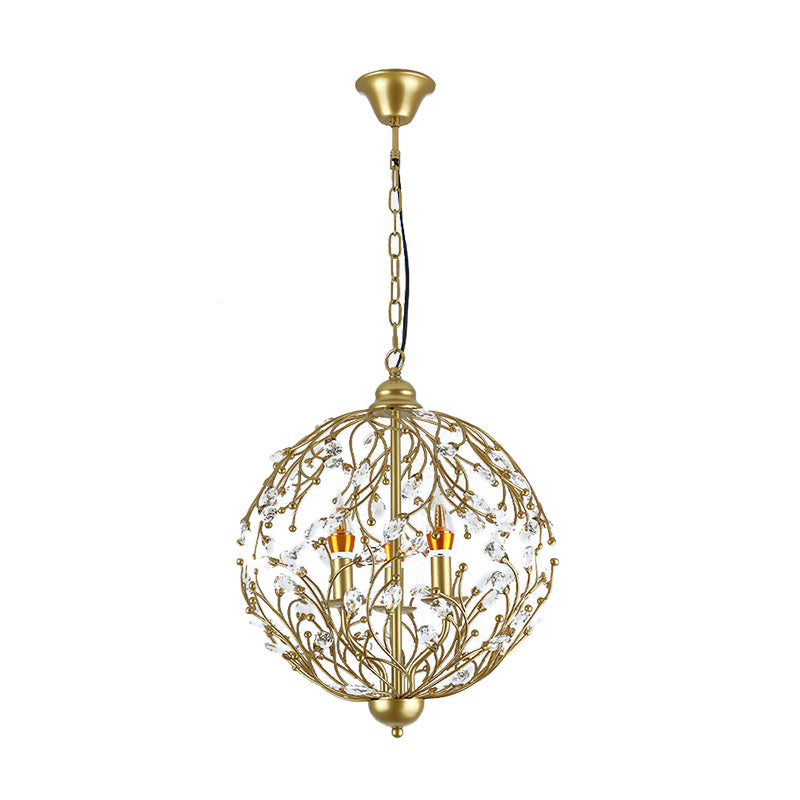 Globe Chandelier Lighting Antique Crystal 3 Lights Brass Hanging Ceiling Light for Dining Room Clearhalo 'Ceiling Lights' 'Chandeliers' 'Modern Chandeliers' 'Modern' Lighting' 214881