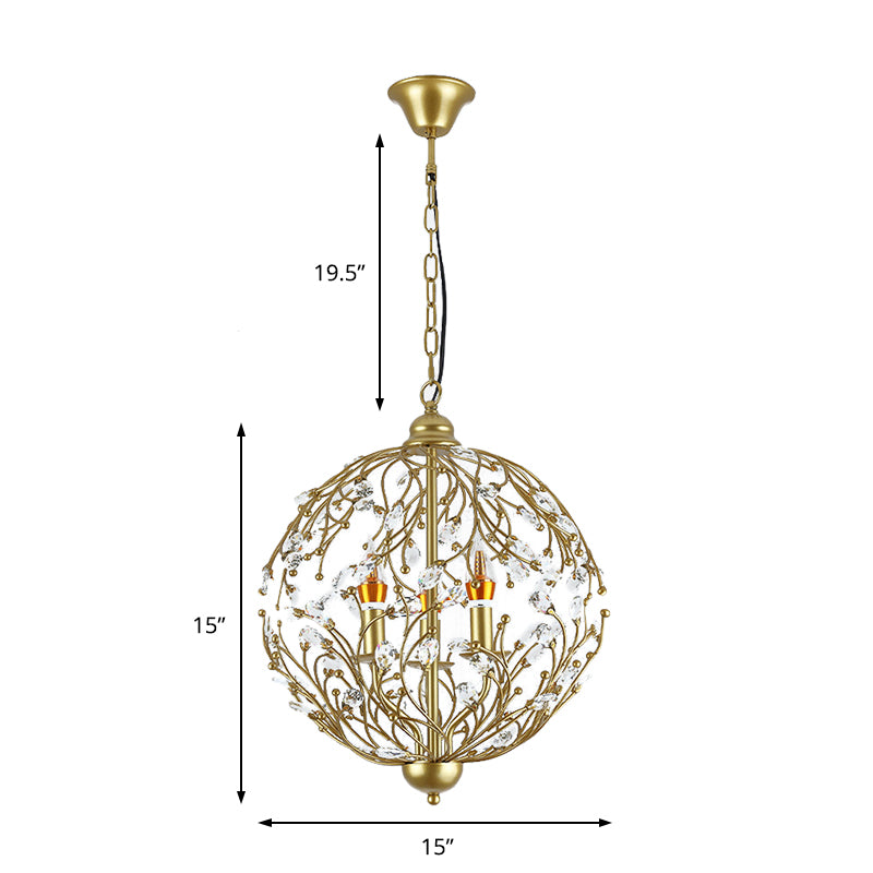 Globe Chandelier Lighting Antique Crystal 3 Lights Brass Hanging Ceiling Light for Dining Room Clearhalo 'Ceiling Lights' 'Chandeliers' 'Modern Chandeliers' 'Modern' Lighting' 214882