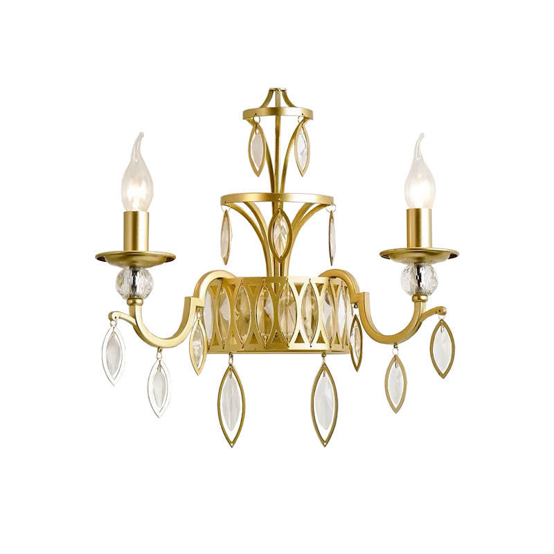 Candelabra Metal Wall Mounted Light Rustic 2 Lights Brass Sconce Light with Teardrop Crystal Drop Clearhalo 'Modern wall lights' 'Modern' 'Wall Lamps & Sconces' 'Wall Lights' Lighting' 214887