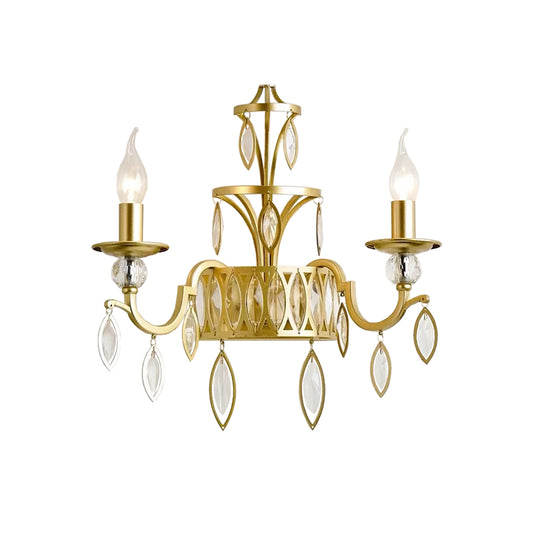 Candelabra Metal Wall Mounted Light Rustic 2 Lights Brass Sconce Light with Teardrop Crystal Drop Clearhalo 'Modern wall lights' 'Modern' 'Wall Lamps & Sconces' 'Wall Lights' Lighting' 214887