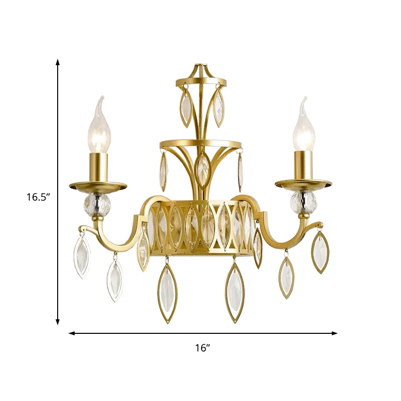 Candelabra Metal Wall Mounted Light Rustic 2 Lights Brass Sconce Light with Teardrop Crystal Drop Clearhalo 'Modern wall lights' 'Modern' 'Wall Lamps & Sconces' 'Wall Lights' Lighting' 214888