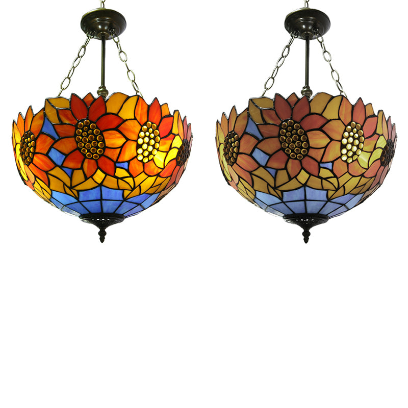 12"/16" Wide Sunflower Semi Flush Light Countryside Stained Glass Semi Flush Mount in Orange/Yellow for Living Room Clearhalo 'Ceiling Lights' 'Close To Ceiling Lights' 'Close to ceiling' 'Glass shade' 'Glass' 'Semi-flushmount' 'Tiffany close to ceiling' 'Tiffany' Lighting' 21492
