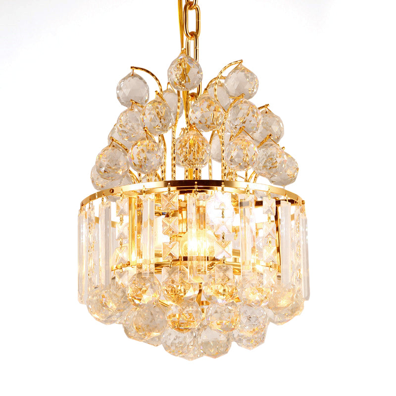 Drum Chandelier Lighting Fixture Modern Crystal 3 Light Gold Hanging Ceiling Light for Dining Room Clearhalo 'Ceiling Lights' 'Chandeliers' 'Modern Chandeliers' 'Modern' Lighting' 214926