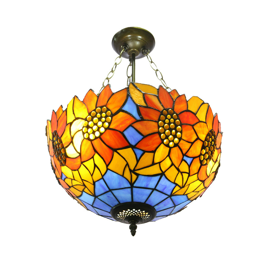 12"/16" Wide Sunflower Semi Flush Light Countryside Stained Glass Semi Flush Mount in Orange/Yellow for Living Room Yellow 16" Clearhalo 'Ceiling Lights' 'Close To Ceiling Lights' 'Close to ceiling' 'Glass shade' 'Glass' 'Semi-flushmount' 'Tiffany close to ceiling' 'Tiffany' Lighting' 21493