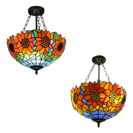 12"/16" Wide Sunflower Semi Flush Light Countryside Stained Glass Semi Flush Mount in Orange/Yellow for Living Room Clearhalo 'Ceiling Lights' 'Close To Ceiling Lights' 'Close to ceiling' 'Glass shade' 'Glass' 'Semi-flushmount' 'Tiffany close to ceiling' 'Tiffany' Lighting' 21494