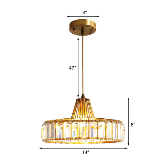 Crystal Block Drum Pendant Light Contemporary 1 Light 10"/14" Wide Gold Hanging Light Clearhalo 'Ceiling Lights' 'Modern Pendants' 'Modern' 'Pendant Lights' 'Pendants' Lighting' 214956