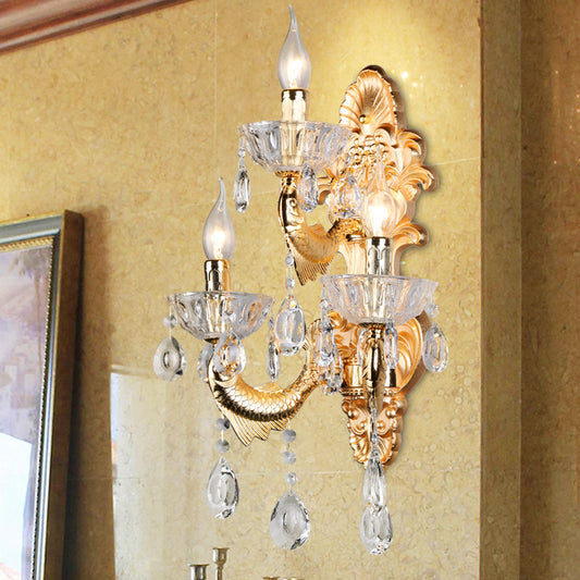 Candelabra Wall Lamp Contemporary Crystal 2 Lights Gold Wall Mount Light for Corridor Gold Clearhalo 'Modern wall lights' 'Modern' 'Wall Lamps & Sconces' 'Wall Lights' Lighting' 214965