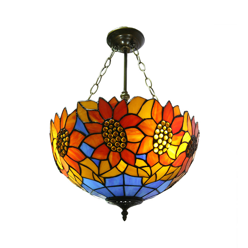 12"/16" Wide Sunflower Semi Flush Light Countryside Stained Glass Semi Flush Mount in Orange/Yellow for Living Room Orange 16" Clearhalo 'Ceiling Lights' 'Close To Ceiling Lights' 'Close to ceiling' 'Glass shade' 'Glass' 'Semi-flushmount' 'Tiffany close to ceiling' 'Tiffany' Lighting' 21497