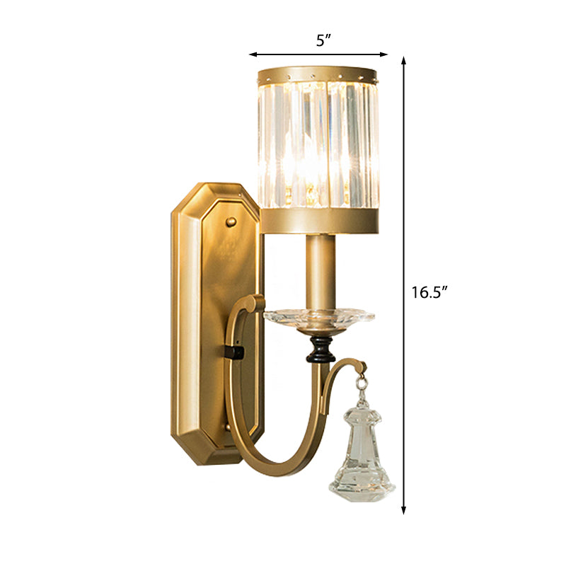 Cylinder Sconce Light Modernism Prismatic Crystal 1 Light Brass Wall Mount Light for Living Room Clearhalo 'Modern wall lights' 'Modern' 'Wall Lamps & Sconces' 'Wall Lights' Lighting' 214997