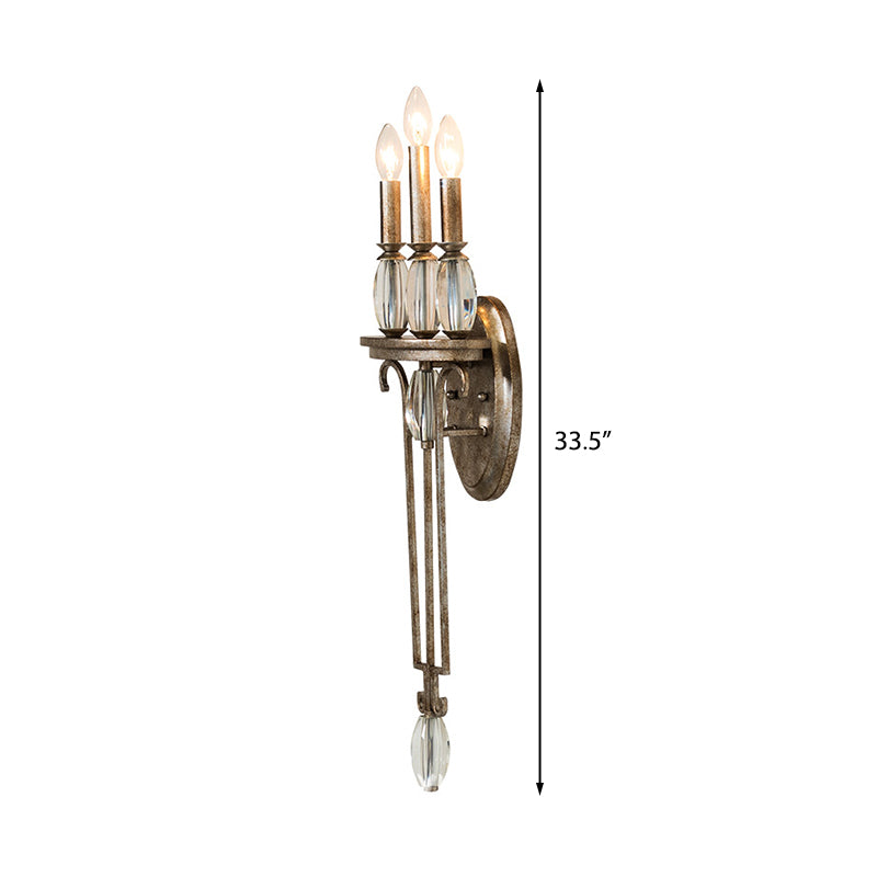 Vintage Candelabra Aged Silver Metal Sconce Light 3 Light Wall Mount Light with Crystal Drop Clearhalo 'Modern wall lights' 'Modern' 'Wall Lamps & Sconces' 'Wall Lights' Lighting' 215001