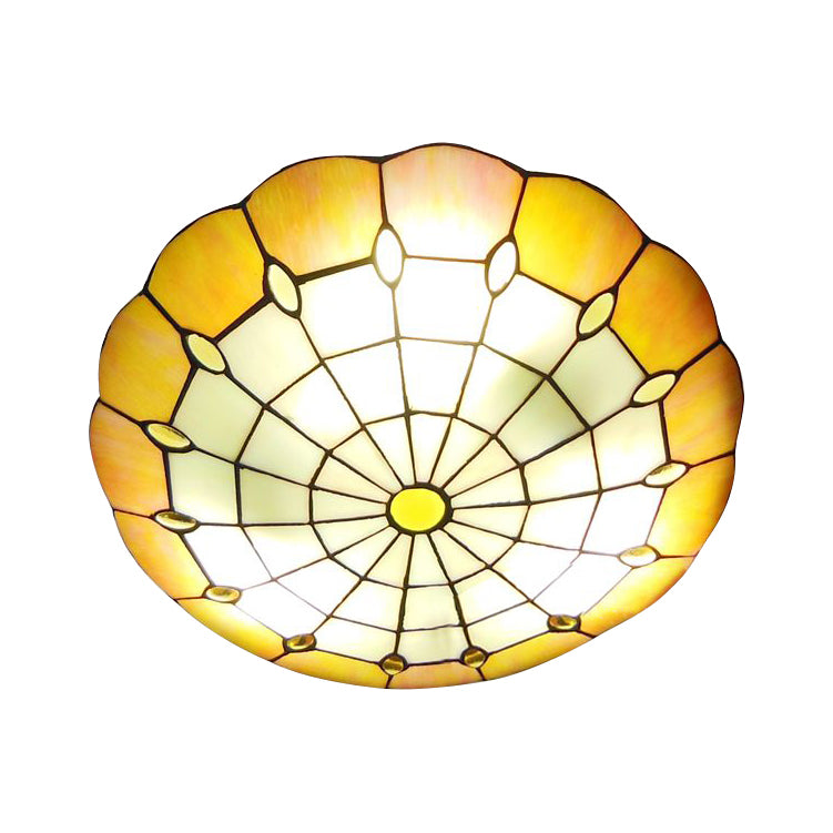 12"/16"/19.5" W Bedroom Ceiling Lights Tiffany Yellow Dome Shade Flush Mount Light with Jewel Decoration Yellow 16" Clearhalo 'Ceiling Lights' 'Close To Ceiling Lights' 'Close to ceiling' 'Flush mount' Lighting' 21501