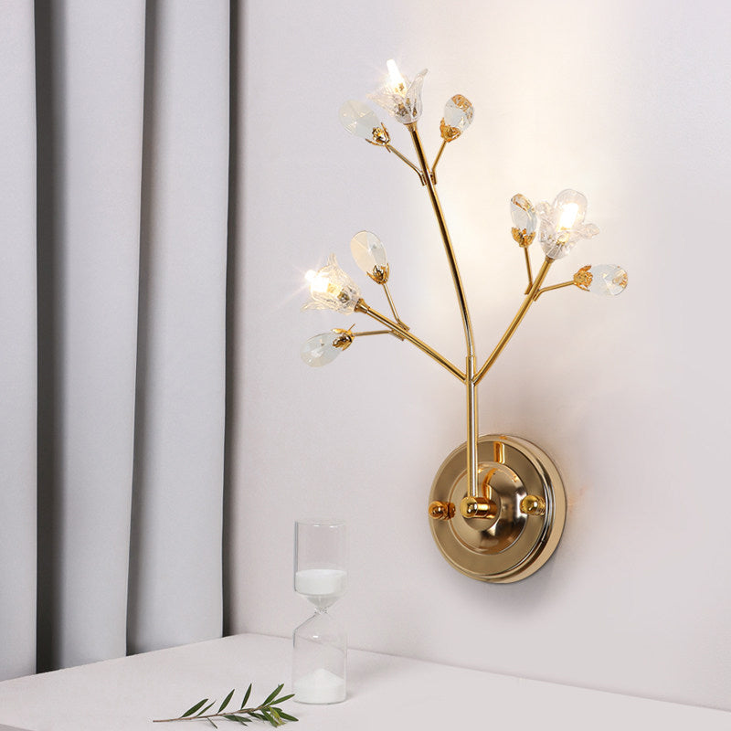 Crystal Flower and Leaf Wall Light Fixture Simple Style 3 Lights Gold Wall Sconce Light Clearhalo 'Modern wall lights' 'Modern' 'Wall Lamps & Sconces' 'Wall Lights' Lighting' 215013