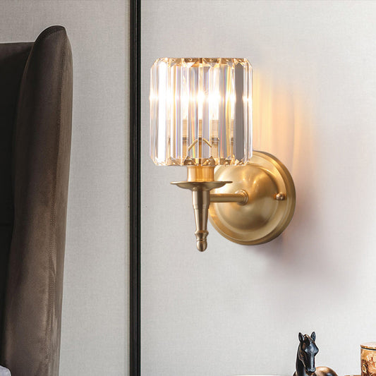 Brass Cylinder Wall Light Sconce Modernism 1/2 Lights Metal Wall Mount Light with Clear Crystal Cylinder Shade 1.0 Brass Clearhalo 'Modern wall lights' 'Modern' 'Wall Lamps & Sconces' 'Wall Lights' Lighting' 215022