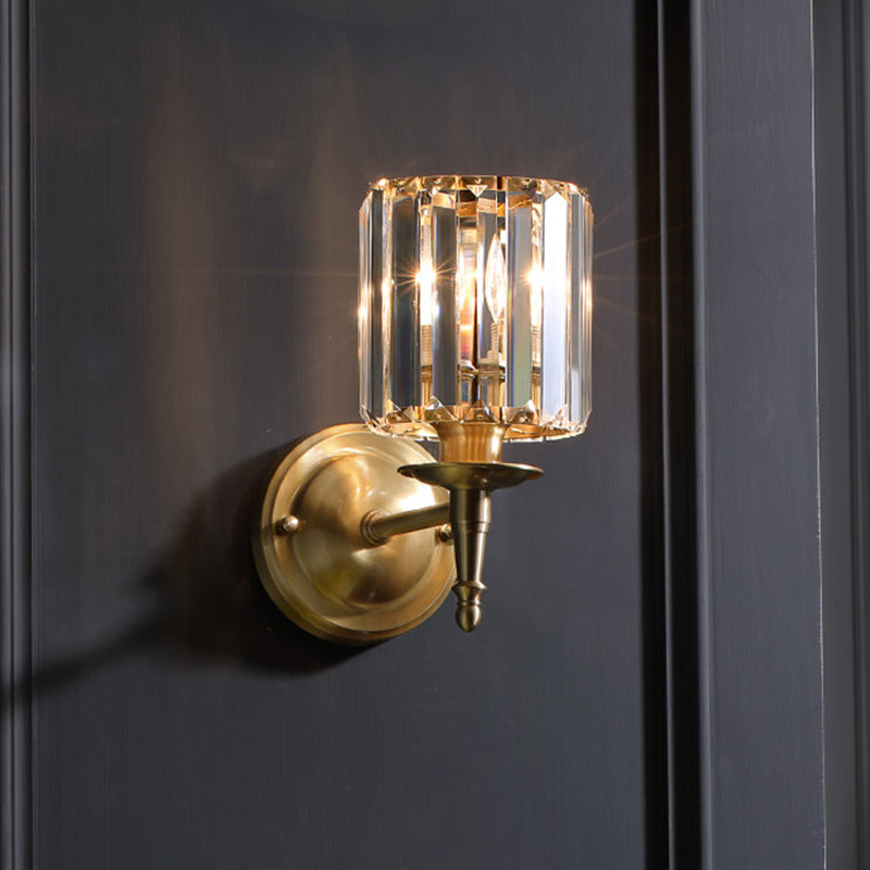 Brass Cylinder Wall Light Sconce Modernism 1/2 Lights Metal Wall Mount Light with Clear Crystal Cylinder Shade Clearhalo 'Modern wall lights' 'Modern' 'Wall Lamps & Sconces' 'Wall Lights' Lighting' 215023