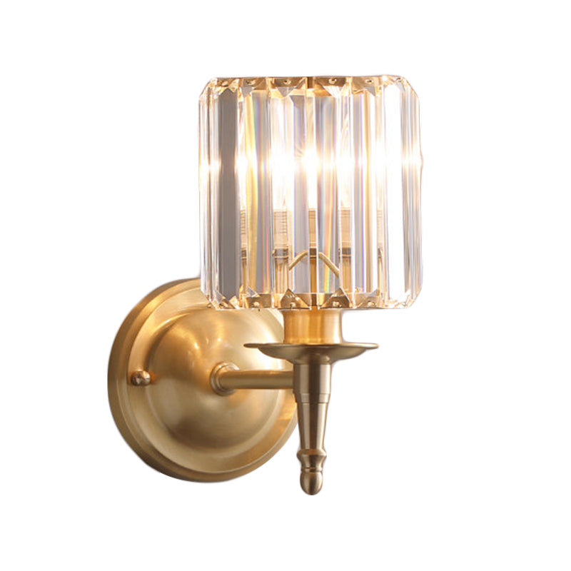 Brass Cylinder Wall Light Sconce Modernism 1/2 Lights Metal Wall Mount Light with Clear Crystal Cylinder Shade Clearhalo 'Modern wall lights' 'Modern' 'Wall Lamps & Sconces' 'Wall Lights' Lighting' 215024