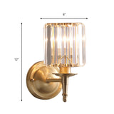 Brass Cylinder Wall Light Sconce Modernism 1/2 Lights Metal Wall Mount Light with Clear Crystal Cylinder Shade Clearhalo 'Modern wall lights' 'Modern' 'Wall Lamps & Sconces' 'Wall Lights' Lighting' 215025