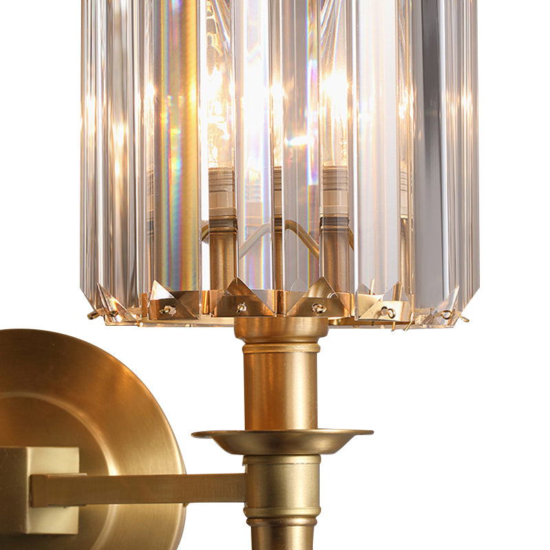 Brass Cylinder Wall Light Sconce Modernism 1/2 Lights Metal Wall Mount Light with Clear Crystal Cylinder Shade Clearhalo 'Modern wall lights' 'Modern' 'Wall Lamps & Sconces' 'Wall Lights' Lighting' 215026