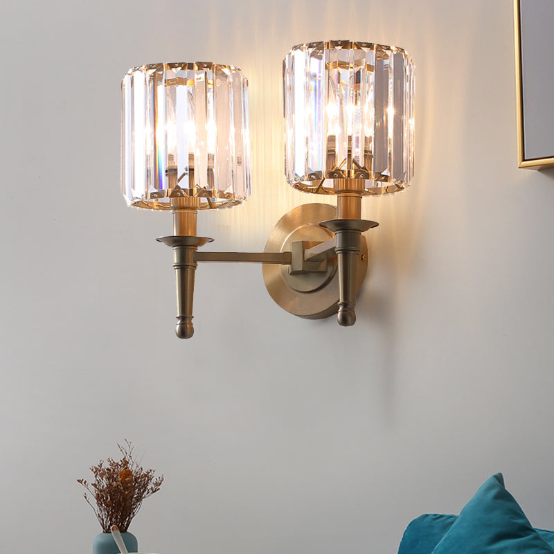 Brass Cylinder Wall Light Sconce Modernism 1/2 Lights Metal Wall Mount Light with Clear Crystal Cylinder Shade 2.0 Brass Clearhalo 'Modern wall lights' 'Modern' 'Wall Lamps & Sconces' 'Wall Lights' Lighting' 215027