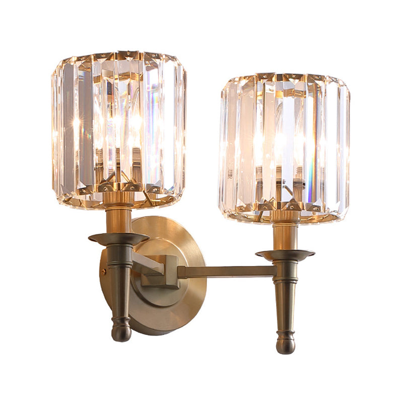 Brass Cylinder Wall Light Sconce Modernism 1/2 Lights Metal Wall Mount Light with Clear Crystal Cylinder Shade Clearhalo 'Modern wall lights' 'Modern' 'Wall Lamps & Sconces' 'Wall Lights' Lighting' 215028