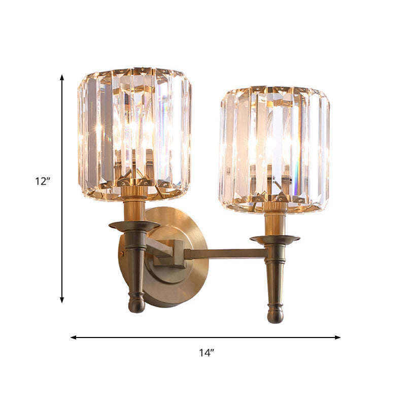 Brass Cylinder Wall Light Sconce Modernism 1/2 Lights Metal Wall Mount Light with Clear Crystal Cylinder Shade Clearhalo 'Modern wall lights' 'Modern' 'Wall Lamps & Sconces' 'Wall Lights' Lighting' 215029