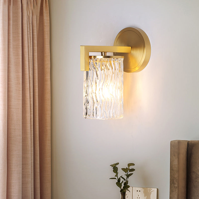 Cylinder Rippled Glass Wall Light Fixture 1 Light Brass Wall Mount Light for Bedroom Clearhalo 'Modern wall lights' 'Modern' 'Wall Lamps & Sconces' 'Wall Lights' Lighting' 215036