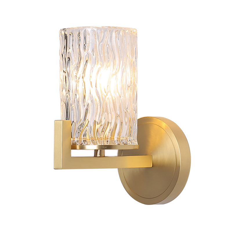 Cylinder Rippled Glass Wall Light Fixture 1 Light Brass Wall Mount Light for Bedroom Clearhalo 'Modern wall lights' 'Modern' 'Wall Lamps & Sconces' 'Wall Lights' Lighting' 215037