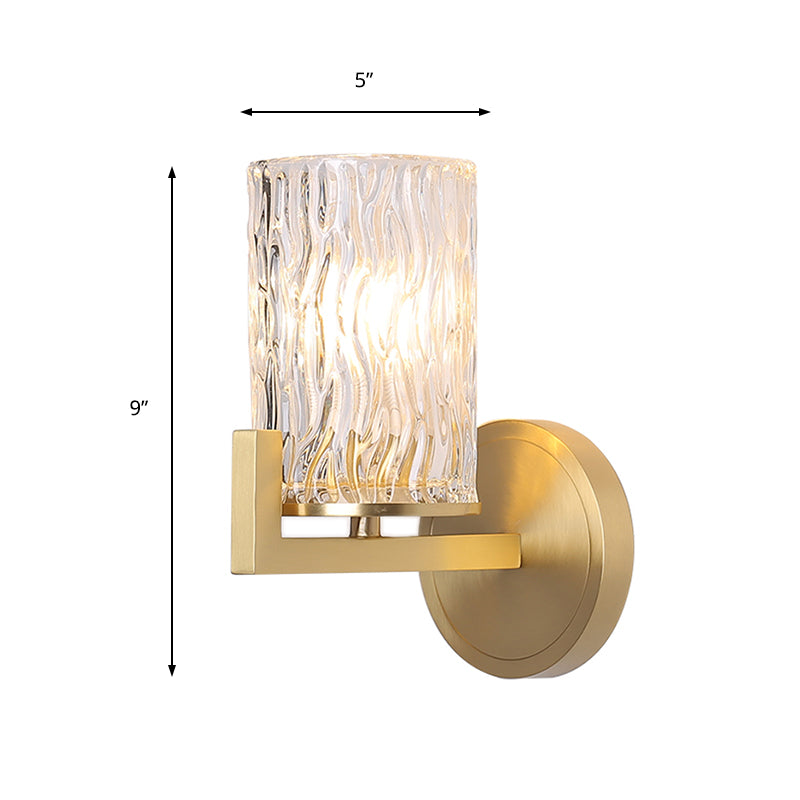 Cylinder Rippled Glass Wall Light Fixture 1 Light Brass Wall Mount Light for Bedroom Clearhalo 'Modern wall lights' 'Modern' 'Wall Lamps & Sconces' 'Wall Lights' Lighting' 215038