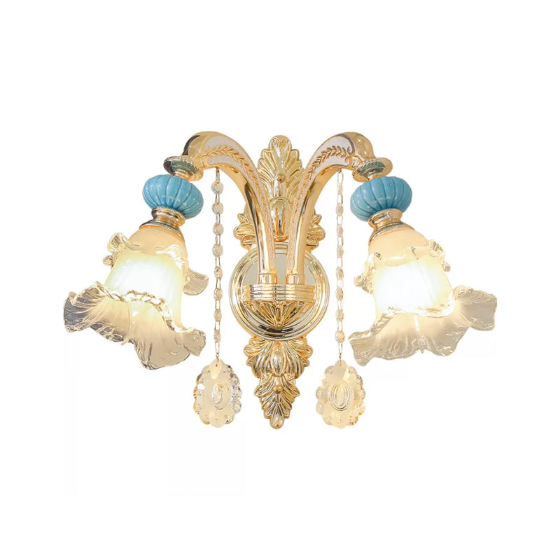 Flower Wall Mount Light Nordic White Glass 1/2 Lights Gold Wall Mount Light for Bedroom with Crystal Drop Clearhalo 'Modern wall lights' 'Modern' 'Wall Lamps & Sconces' 'Wall Lights' Lighting' 215045