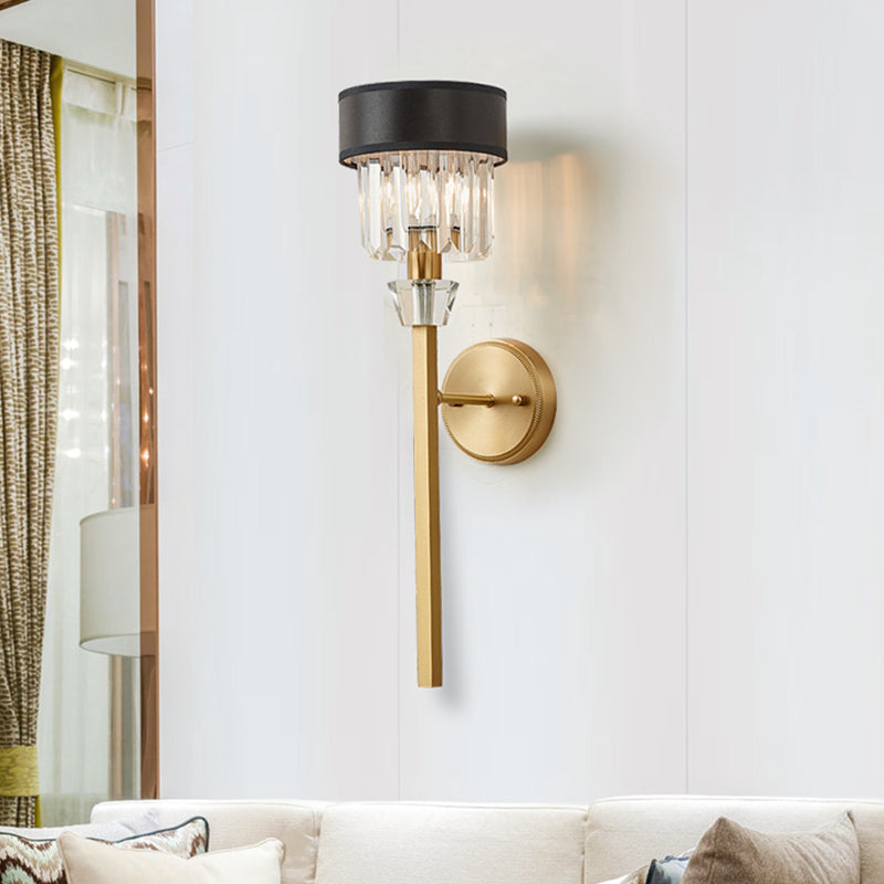 Modern 1 Light Wall Mount Light with Crystal and Fabric Shade Brass Cylinder Wall Sconce Light Brass Clearhalo 'Modern wall lights' 'Modern' 'Wall Lamps & Sconces' 'Wall Lights' Lighting' 215059