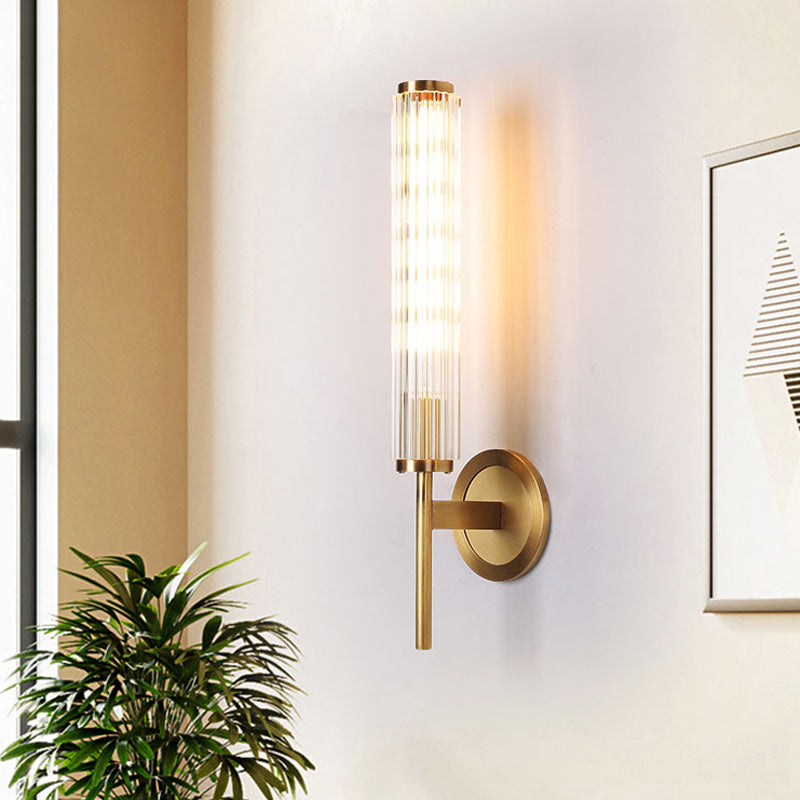 Crystal Rod Cylinder Wall Light Fixture Contemporary 1 Light Brass Wall Mount Light Clearhalo 'Modern wall lights' 'Modern' 'Wall Lamps & Sconces' 'Wall Lights' Lighting' 215070