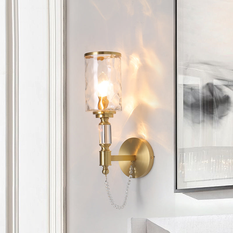 Cylinder Wall Light Postmodern Water Glass 1/2 Lights Brass Sconce Light with Crystal Strand Accent 1.0 Brass Clearhalo 'Modern wall lights' 'Modern' 'Wall Lamps & Sconces' 'Wall Lights' Lighting' 215074