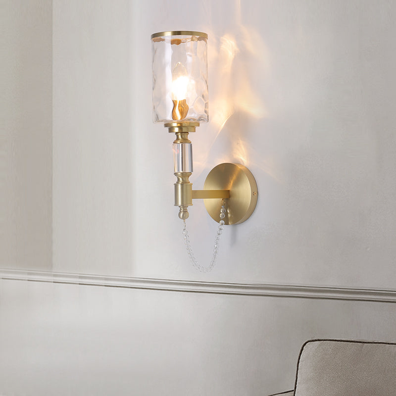 Cylinder Wall Light Postmodern Water Glass 1/2 Lights Brass Sconce Light with Crystal Strand Accent Clearhalo 'Modern wall lights' 'Modern' 'Wall Lamps & Sconces' 'Wall Lights' Lighting' 215075