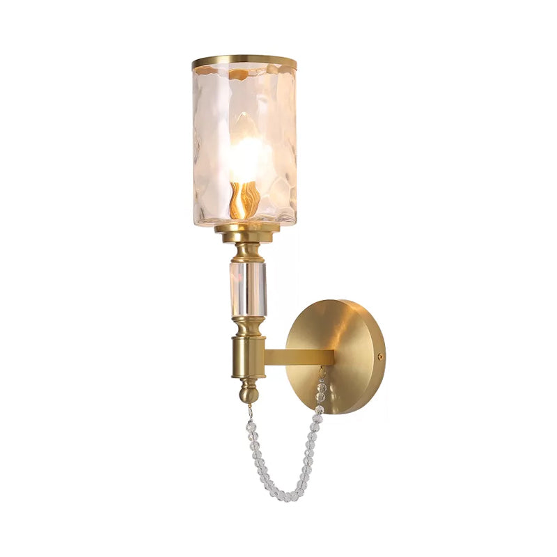 Cylinder Wall Light Postmodern Water Glass 1/2 Lights Brass Sconce Light with Crystal Strand Accent Clearhalo 'Modern wall lights' 'Modern' 'Wall Lamps & Sconces' 'Wall Lights' Lighting' 215076