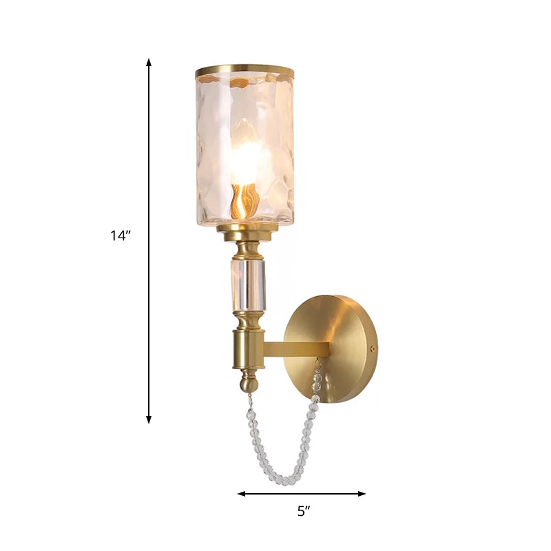 Cylinder Wall Light Postmodern Water Glass 1/2 Lights Brass Sconce Light with Crystal Strand Accent Clearhalo 'Modern wall lights' 'Modern' 'Wall Lamps & Sconces' 'Wall Lights' Lighting' 215077