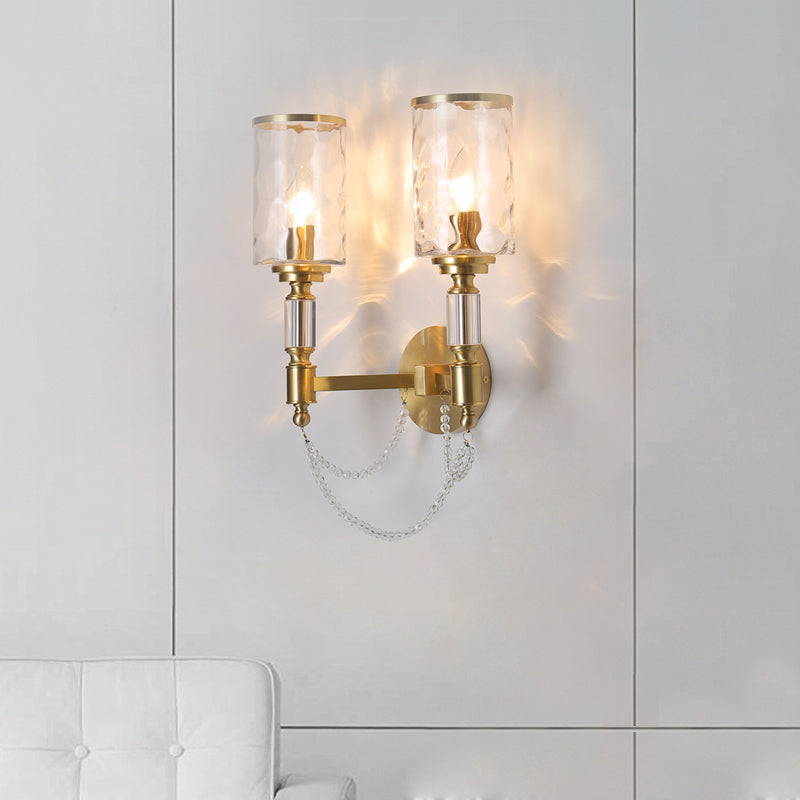 Cylinder Wall Light Postmodern Water Glass 1/2 Lights Brass Sconce Light with Crystal Strand Accent 2.0 Brass Clearhalo 'Modern wall lights' 'Modern' 'Wall Lamps & Sconces' 'Wall Lights' Lighting' 215078