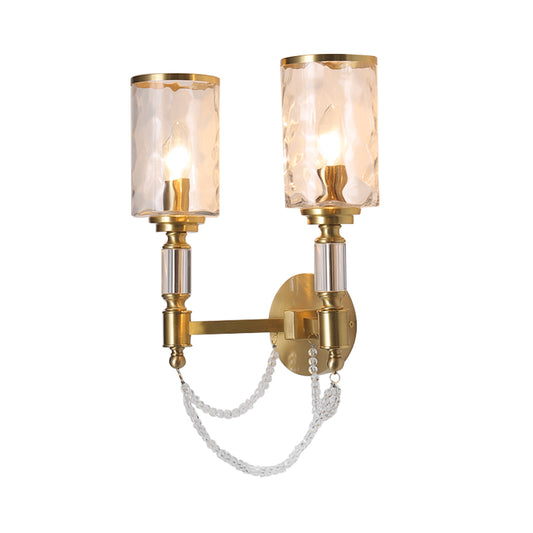 Cylinder Wall Light Postmodern Water Glass 1/2 Lights Brass Sconce Light with Crystal Strand Accent Clearhalo 'Modern wall lights' 'Modern' 'Wall Lamps & Sconces' 'Wall Lights' Lighting' 215079