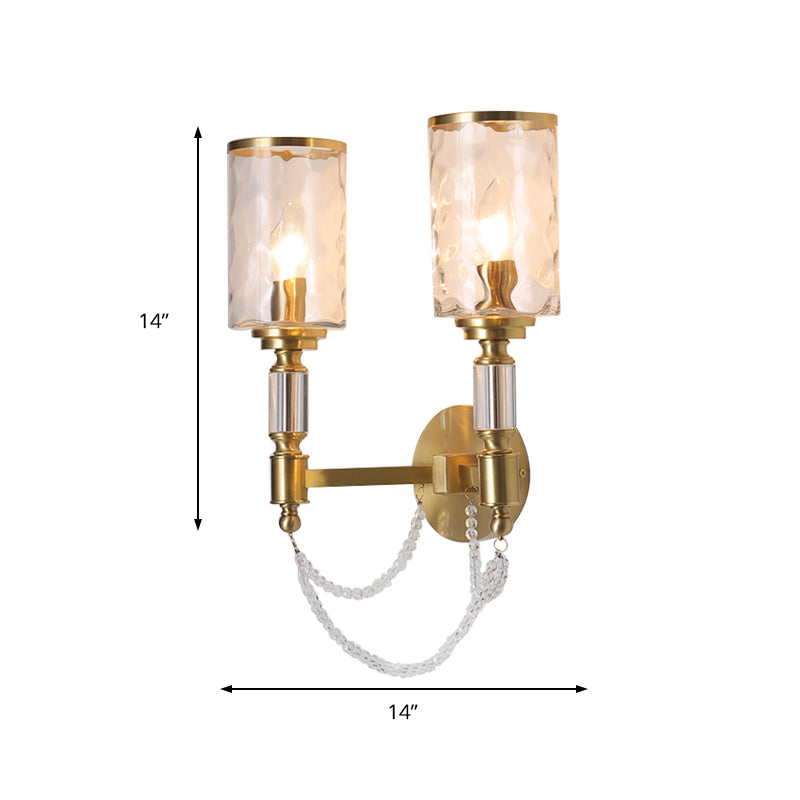 Cylinder Wall Light Postmodern Water Glass 1/2 Lights Brass Sconce Light with Crystal Strand Accent Clearhalo 'Modern wall lights' 'Modern' 'Wall Lamps & Sconces' 'Wall Lights' Lighting' 215080