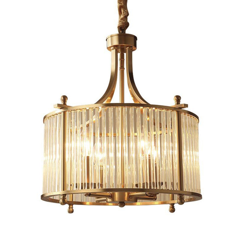 Crystal Rod Drum Chandelier Light Nordic 4 Lights Brass Hanging Ceiling Light for Dining Room Clearhalo 'Ceiling Lights' 'Chandeliers' 'Modern Chandeliers' 'Modern' Lighting' 215101