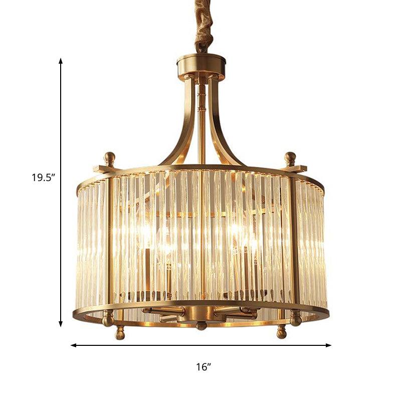 Crystal Rod Drum Chandelier Light Nordic 4 Lights Brass Hanging Ceiling Light for Dining Room Clearhalo 'Ceiling Lights' 'Chandeliers' 'Modern Chandeliers' 'Modern' Lighting' 215102