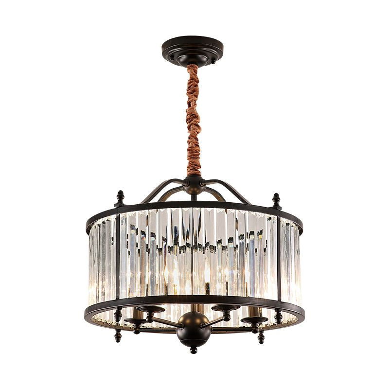 Rustic Cylinder Crystal Prism Chandelier Light 3/5 Lights Hanging Ceiling Light for Dining Room in Black Clearhalo 'Ceiling Lights' 'Chandeliers' 'Glass shade' 'Glass' 'Modern Chandeliers' 'Modern' Lighting' 215106