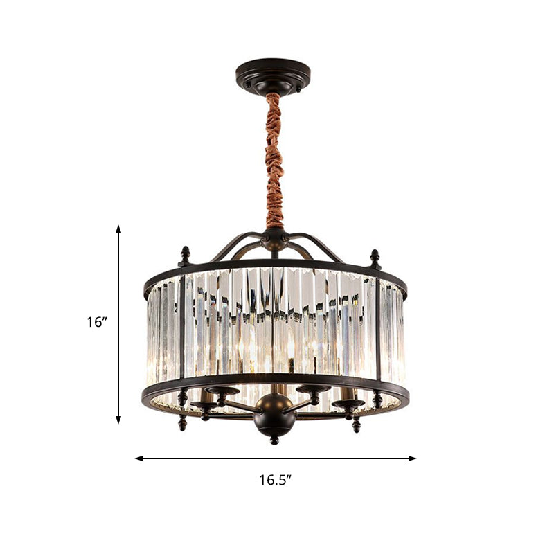 Rustic Cylinder Crystal Prism Chandelier Light 3/5 Lights Hanging Ceiling Light for Dining Room in Black Clearhalo 'Ceiling Lights' 'Chandeliers' 'Glass shade' 'Glass' 'Modern Chandeliers' 'Modern' Lighting' 215108