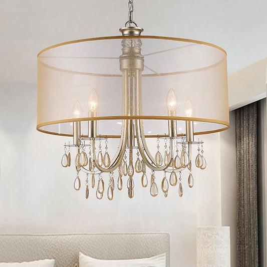 Cylinder Hanging Ceiling Light Rustic Fabric Shade 5/8 Lights Gold Chandelier Light with Crystal Drop 5 Gold Clearhalo 'Ceiling Lights' 'Chandeliers' 'Modern Chandeliers' 'Modern' Lighting' 215117