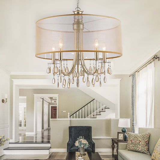 Cylinder Hanging Ceiling Light Rustic Fabric Shade 5/8 Lights Gold Chandelier Light with Crystal Drop Clearhalo 'Ceiling Lights' 'Chandeliers' 'Modern Chandeliers' 'Modern' Lighting' 215118