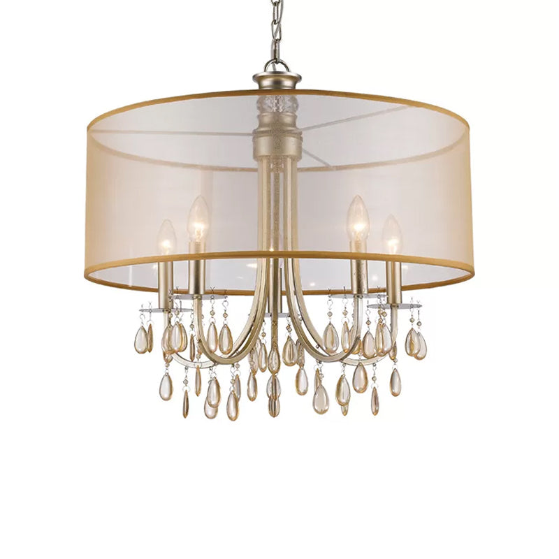 Cylinder Hanging Ceiling Light Rustic Fabric Shade 5/8 Lights Gold Chandelier Light with Crystal Drop Clearhalo 'Ceiling Lights' 'Chandeliers' 'Modern Chandeliers' 'Modern' Lighting' 215119