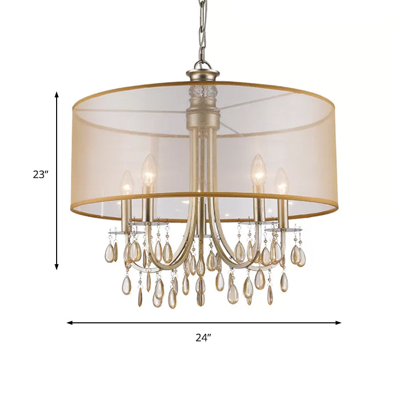 Cylinder Hanging Ceiling Light Rustic Fabric Shade 5/8 Lights Gold Chandelier Light with Crystal Drop Clearhalo 'Ceiling Lights' 'Chandeliers' 'Modern Chandeliers' 'Modern' Lighting' 215120