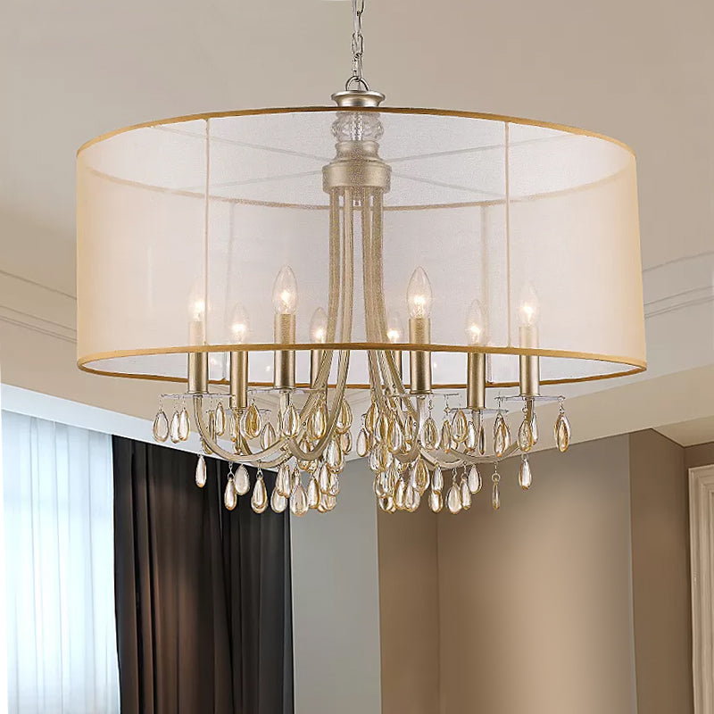 Cylinder Hanging Ceiling Light Rustic Fabric Shade 5/8 Lights Gold Chandelier Light with Crystal Drop 8 Gold Clearhalo 'Ceiling Lights' 'Chandeliers' 'Modern Chandeliers' 'Modern' Lighting' 215121