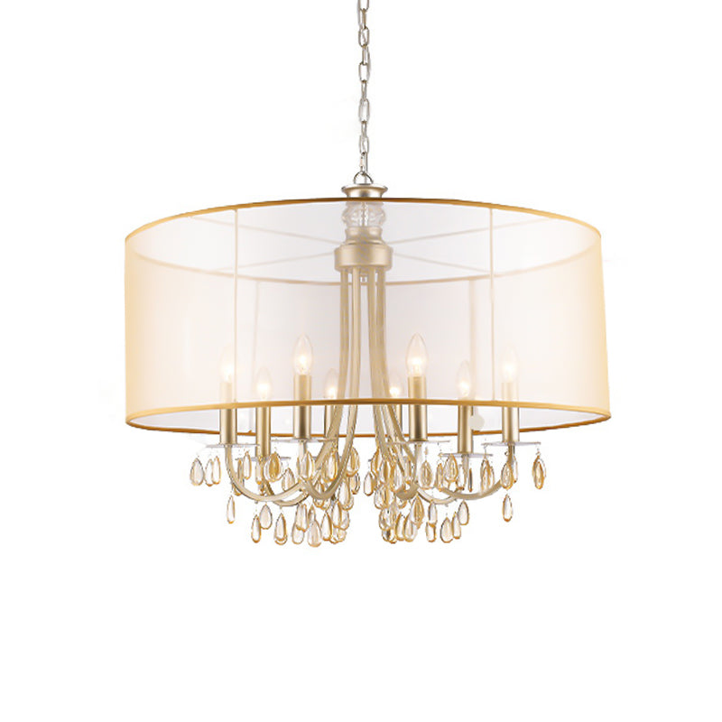 Cylinder Hanging Ceiling Light Rustic Fabric Shade 5/8 Lights Gold Chandelier Light with Crystal Drop Clearhalo 'Ceiling Lights' 'Chandeliers' 'Modern Chandeliers' 'Modern' Lighting' 215122