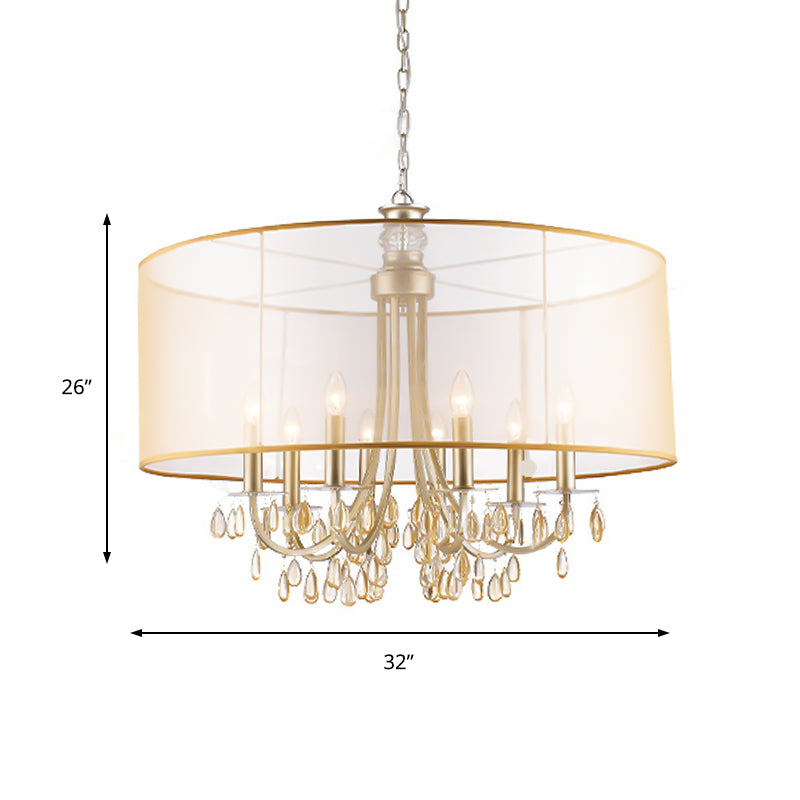 Cylinder Hanging Ceiling Light Rustic Fabric Shade 5/8 Lights Gold Chandelier Light with Crystal Drop Clearhalo 'Ceiling Lights' 'Chandeliers' 'Modern Chandeliers' 'Modern' Lighting' 215123