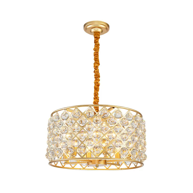 Postmodern Cylinder Hanging Light Crystal and Metal 6 Lights Dining Room Chandelier Light Clearhalo 'Ceiling Lights' 'Chandeliers' 'Modern Chandeliers' 'Modern' Lighting' 215127